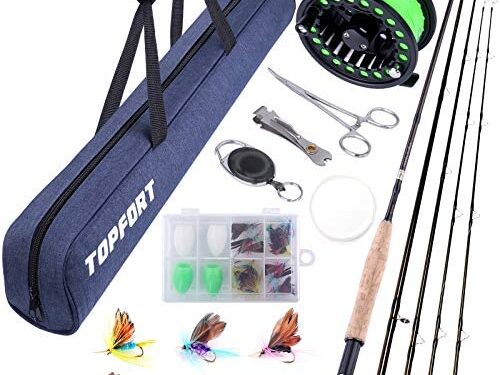 TOPFORT Fly Fishing Rod and Reel Combo, 4 Piece Lightweight Ultra-Portable Graphite Fly Rod 5/6 Complete Starter Package with Carrier Bag