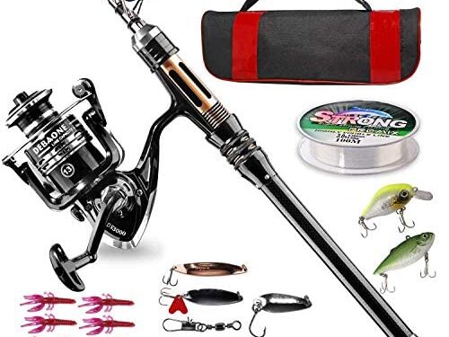 BlueFire Fishing Rod Kit, Carbon Fiber Telescopic Fishing Pole and Reel Combo with Spinning Reel, Line, Lure, Hooks and Carrier Bag, Fishing Gear Set for Beginner Adults Saltwater Freshwater