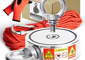 Complete Fishing Magnet KIT with Stronger 1120 Pound Pull Force Industrial 2.95″ Double Sided Magnet for Drop & Drag. 65ft High Strength Nylon Rope, Carabiner Clip, Gloves