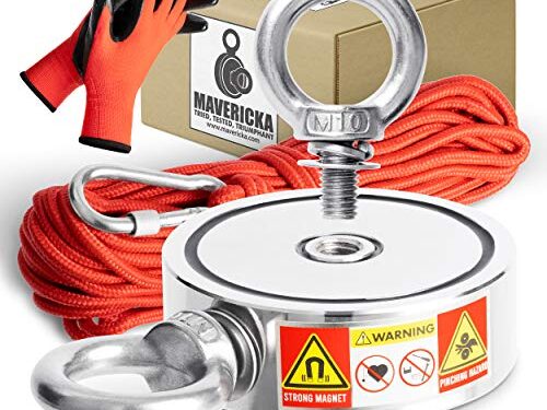 Complete Fishing Magnet KIT with Stronger 1120 Pound Pull Force Industrial 2.95″ Double Sided Magnet for Drop & Drag. 65ft High Strength Nylon Rope, Carabiner Clip, Gloves