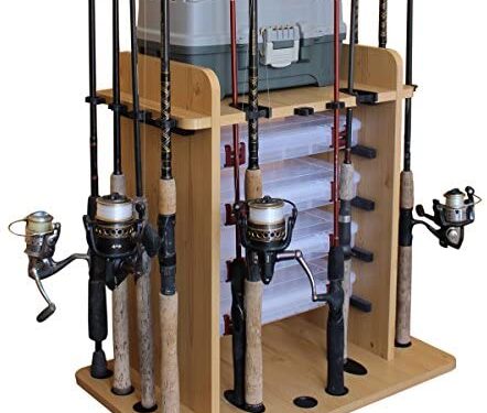 Rush Creek Creations 14 Fishing Rod Rack with 4 Utility Box Storage Capacity & Dual Rod Clips – Features a Sleek Design & Wire Racking System