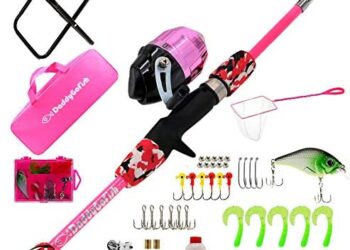 DaddyGoFish Kids Fishing Pole – Telescopic Rod & Reel Combo with Collapsible Chair, Rod Holder, Tackle Box, Bait Net and Carry Bag for Boys and Girls
