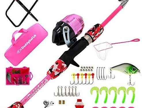 DaddyGoFish Kids Fishing Pole – Telescopic Rod & Reel Combo with Collapsible Chair, Rod Holder, Tackle Box, Bait Net and Carry Bag for Boys and Girls