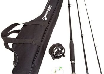 Fly Fishing Starter Set- 8’ Fiberglass Rod, Aluminum Reel, Travel Bag, 12 Dry Flies & Box