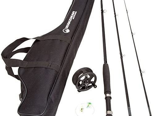 Fly Fishing Starter Set- 8’ Fiberglass Rod, Aluminum Reel, Travel Bag, 12 Dry Flies & Box