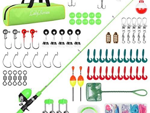 LadyRosian 70 Pcs Kids Fishing Pole – Portable Telescopic Fishing Rod and Reel Combo Kit – Fishing Kit for Beginners Adults with Tackle Box, Fishing Net, Travel Bag for Boys, Girls, Youth
