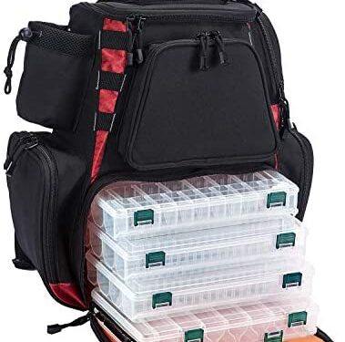 Piscifun Fishing Tackle Backpack with 4 Trays Large Waterproof Tackle Bag Storage with Protective Rain Cover and 4 Tackle Box(Khaki, Black and Camouflage)