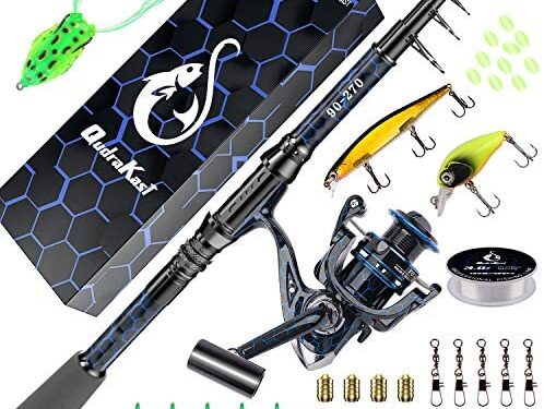 QudraKast Fishing Rod and Reel Combos, Unique Design with X-Warping Painting, Carbon Fiber Telescopic Fishing Rod with Reel Combo Kit with Tackle Box, Best Gift