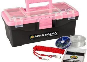 Fishing Single Tray Tackle Box- 55 Piece Tackle Gear Kit Includes Sinkers, Hooks Lures Bobbers Swivels and Fishing Line by Wakeman Outdoors (Pink)