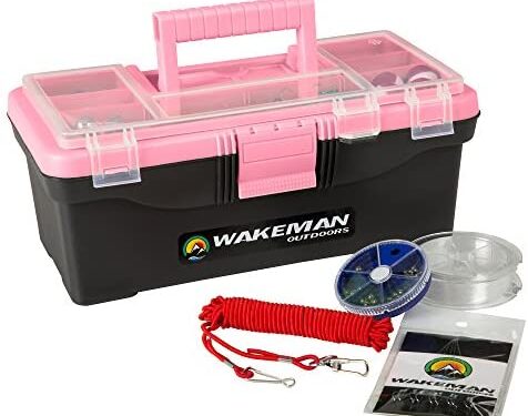 Fishing Single Tray Tackle Box- 55 Piece Tackle Gear Kit Includes Sinkers, Hooks Lures Bobbers Swivels and Fishing Line by Wakeman Outdoors (Pink)