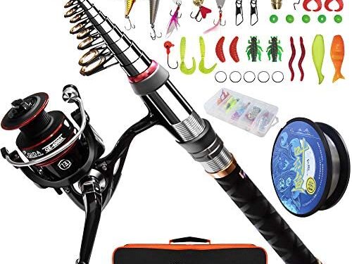 Sandking Fishing Pole Kit, Carbon Fiber Telescopic Fishing Rod and Reel Combo with Spinning Reel, Line, Bionic Bait, Hooks and Carrier Bag, Fishing Gear Set for Beginner Adults Saltwater Freshwater