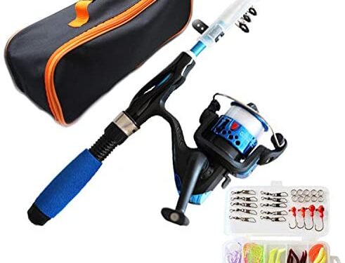 Exiron Fishing Rod and Reel Combos Telescopic Fishing Pole Spinning Reels Full Kit, Lures Hooks with Fishing Bag, Mini Travel Fishing Kit for Kids Family Beginners
