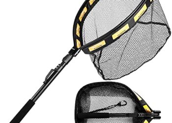 Floating Fishing Net Folding Landing Net with Telescopic Pole, Rubber Coated Mesh Net, Freshwater& Saltwater Easy Catch & Release for Bass, Walleye, Small Redfish, Speckled Trout, Kayak, Canoe etc.