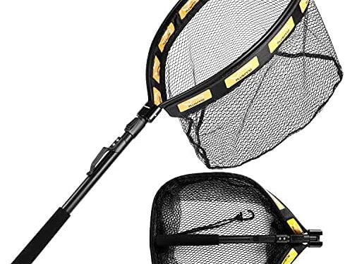 Floating Fishing Net Folding Landing Net with Telescopic Pole, Rubber Coated Mesh Net, Freshwater& Saltwater Easy Catch & Release for Bass, Walleye, Small Redfish, Speckled Trout, Kayak, Canoe etc.