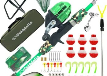 DaddyGoFish Kids Fishing Pole – Telescopic Rod & Reel Combo with Collapsible Chair, Rod Holder, Tackle Box, Bait Net and Carry Bag for Boys and Girls