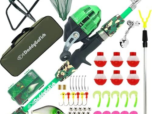 DaddyGoFish Kids Fishing Pole – Telescopic Rod & Reel Combo with Collapsible Chair, Rod Holder, Tackle Box, Bait Net and Carry Bag for Boys and Girls