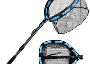 Floating Fishing Net Folding Landing Net with Telescopic Pole, Rubber Coated Mesh Net, Freshwater& Saltwater Easy Catch & Release for Bass, Walleye, Small Redfish, Speckled Trout, Kayak, Canoe etc.