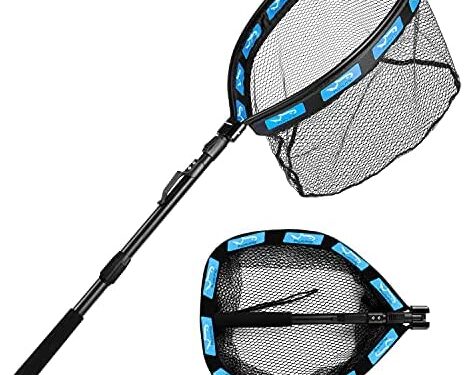 Floating Fishing Net Folding Landing Net with Telescopic Pole, Rubber Coated Mesh Net, Freshwater& Saltwater Easy Catch & Release for Bass, Walleye, Small Redfish, Speckled Trout, Kayak, Canoe etc.