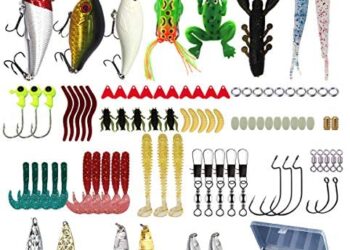 LASOCUHOO Fishing Lures Kit Set, (94Pcs) Spoon Lures, Soft Plastic Worms, Topwater Frog Lures, Fishing Lure for Bass, Trout, Salmon