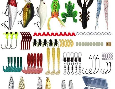 LASOCUHOO Fishing Lures Kit Set, (94Pcs) Spoon Lures, Soft Plastic Worms, Topwater Frog Lures, Fishing Lure for Bass, Trout, Salmon