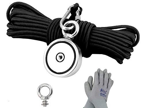 MHDMAG Double Sided Fishing Magnet with 65FT Rope and Gloves. 760lbs Combined Pulling Force Magnet Fishing Kit with Neodymium Rare Earth Magnet Heavy Duty for Retrieval and Salvage Underwater