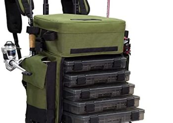 Elkton Outdoors Rolling Fishing Tackle Box X-Large Waterproof Storage Bag Backpack – with 5 Removable Tackle Trays and 4 Rod Holders – Fisherman Gifts for Men, Fish Tackle Bag, Roller Tackle Box