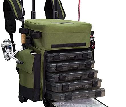 Elkton Outdoors Rolling Fishing Tackle Box X-Large Waterproof Storage Bag Backpack – with 5 Removable Tackle Trays and 4 Rod Holders – Fisherman Gifts for Men, Fish Tackle Bag, Roller Tackle Box