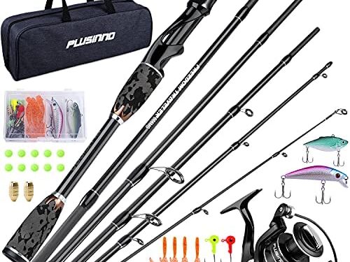 PLUSINNO Freedom Traveler Spinning Fishing Rod and Reel Combos, 6 Pc 30 Ton Carbon Fiber Spinning Rod Poles, 8+1 Shielded Bearings Spinning Reel for Saltwater Freshwater Fishing Gear Kit