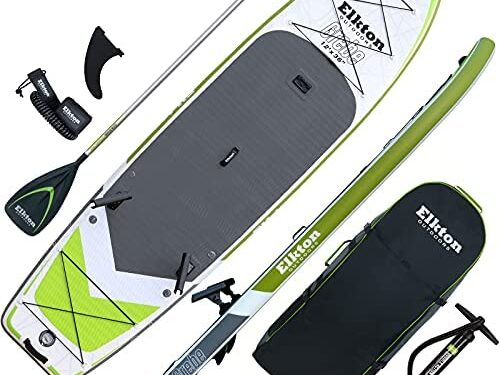 Elkton Outdoors Grebe Inflatable Fishing Paddle Board – 12 ft Fishing SUP Package, Fishing Rod Holders, Paddle, Leash, Carry Bag, Pump, Accessory Mounts and Non-Slip EVA Deck