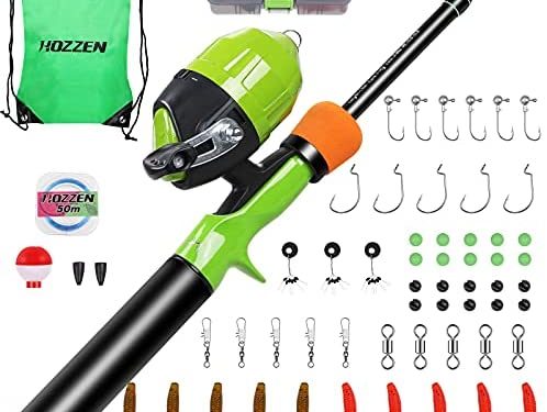 Hozzen Kids Fishing Pole, 59PCS Kids Fishing Kit, Portable Telescopic Fishing Rod and Reel Combos Full Kits, Gift for 3-10 Years Kids