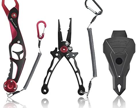 Calamus A6 Fishing Pliers with Fish Lip Gripper, Lightweight Aluminum Fishing Tools, Line Cutter Hook Remover Split Ring Pliers, Fly Fishing kit, Ice Fishing Gear, Fishing Gifts for Men