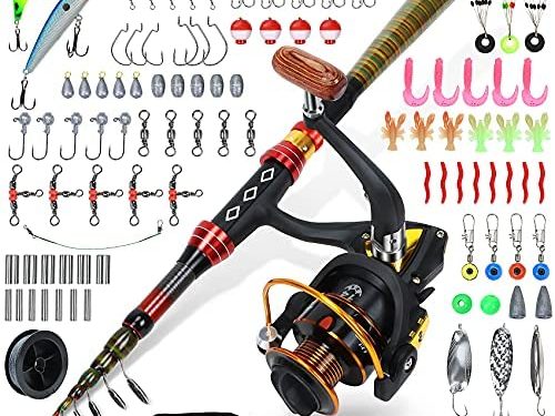 109 PCs Fishing Kit, Carbon Fiber Telescopic Fishing Pole, Portable Telescopic Fishing Rod and Reel Combos, with Portable Bag, high-Strength Alloy Wire Ring, Many variants of Lures
