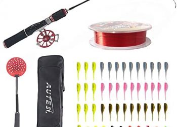JSZY Ultralight Ice Fishing Rod Reel Combo Kits with Fishing Equipment Bag Soft Bait Hooks Line Fishing Spoons 50pcs Winter Spinning Rod