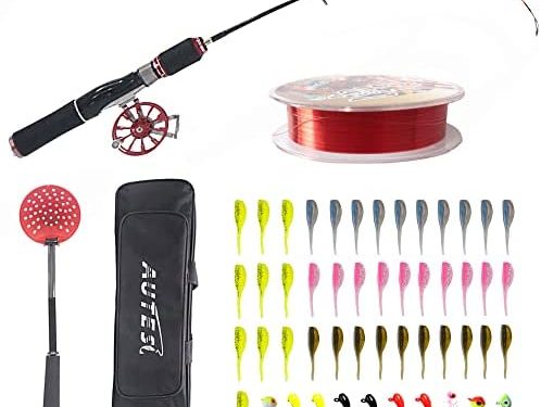 JSZY Ultralight Ice Fishing Rod Reel Combo Kits with Fishing Equipment Bag Soft Bait Hooks Line Fishing Spoons 50pcs Winter Spinning Rod