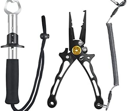 Calamus A6 Fishing Pliers with Fish Lip Gripper, Lightweight Aluminum Fishing Tools, Line Cutter Hook Remover Split Ring Pliers, Fly Fishing kit, Ice Fishing Gear, Fishing Gifts for Men