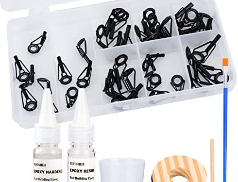 Hifisher Fishing Rod Tip Repair Kit: 40pcs 8 Sizes Top Guides ,1oz Epoxy Resin, Brush, Measure Cup, Fishing Rod Guides Replacement kit, Stainless Steel Ceramic Ring Guide Tips