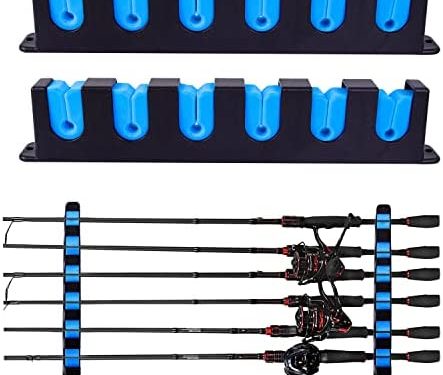 Hifisher Upgraded Fishing Rod Holder, Wall Mounted Fishing Rod Rack, Fishing Pole Holders for Garage,6-Rod Fishing Pole Rack ，1 Pair (Horizontal), BLUE, 13.8*5.3*1.3in