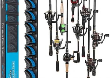 PLUSINNO Vertical Fishing Rod Holder, Wall Mounted Fishing Rod Rack, Fishing Pole Holder Holds Up to 9 Rods or Combos, Fishing Rod Holders for Garage, Fits Most Rods of Diameter 3-19mm