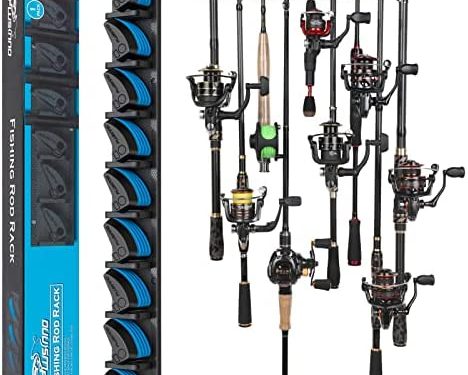 PLUSINNO Vertical Fishing Rod Holder, Wall Mounted Fishing Rod Rack, Fishing Pole Holder Holds Up to 9 Rods or Combos, Fishing Rod Holders for Garage, Fits Most Rods of Diameter 3-19mm