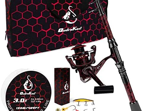 QudraKast Fishing Rod and Reel Combos – High Precision Machined Pattern Telescopic Fishing Pole and 12+1 Full Metal Ultra Smooth Spinning Reel Combos with Carrier Bag