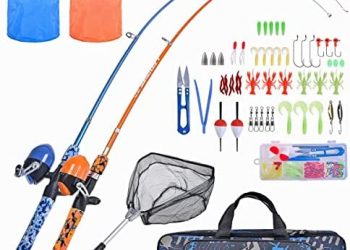 CODEK Kids Fishing Pole Set with Full Starter Kits 2 Set Portable Telescopic Fishing Rod and Spincast Reel Cambos with a Fishing Net and 2 Buckets for Boys Girls and Youth