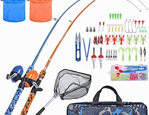 CODEK Kids Fishing Pole Set with Full Starter Kits 2 Set Portable Telescopic Fishing Rod and Spincast Reel Cambos with a Fishing Net and 2 Buckets for Boys Girls and Youth