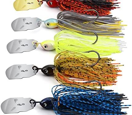MadBite Bladed Jig Fishing Lures, 5 pc and 3 pc Multi-Color Kits, Irresistible Vibrating Action, Sticky-Sharp Heavy-Wire Needle Point Hooks, Popular 3/8 oz and 1/2 oz Sizes, Includes Storage Box