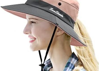 Women’s Sun Hat with Ponytail Hole Sun Shade Hat UV Protection Foldable Mesh Wide Brim Beach Fishing Hat for Women