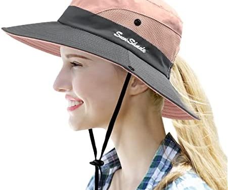 Women’s Sun Hat with Ponytail Hole Sun Shade Hat UV Protection Foldable Mesh Wide Brim Beach Fishing Hat for Women