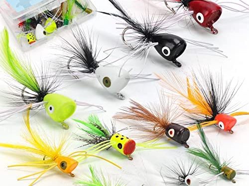 Ansnbo 12PCS Fly Fishing Popper Flies, Fly Popper Lures Bass Panfish Bluegill Crappie Popping Bug Sunfish Trout Salmon Poppers Flys Kit for Fly Fishing