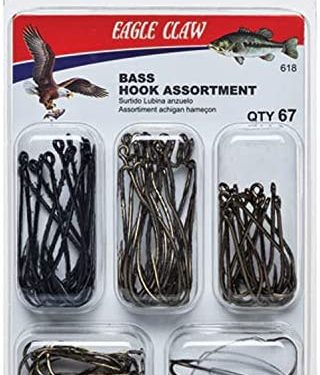 EAGLE CLAW BASS Hook Assortment, Fishing Hooks for Freshwater BASS, 67 Hooks, Sizes 1 to 3/0, brown