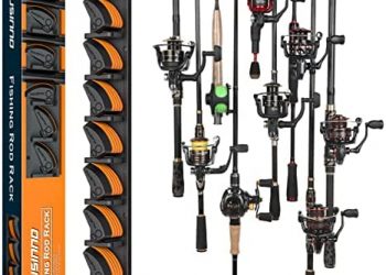PLUSINNO V9 Vertical Fishing Rod Holders, Wall Mounted Fishing Pole Holders, Fishing Rod Rack Holds Up to 9 Rods or Combos, Fishing Rod Holders for Garage, Fits Most Rods of Diameter 3-19mm