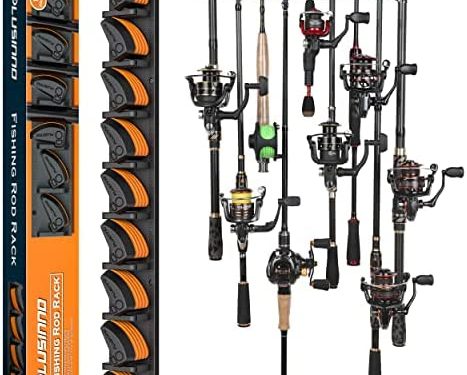 PLUSINNO V9 Vertical Fishing Rod Holders, Wall Mounted Fishing Pole Holders, Fishing Rod Rack Holds Up to 9 Rods or Combos, Fishing Rod Holders for Garage, Fits Most Rods of Diameter 3-19mm