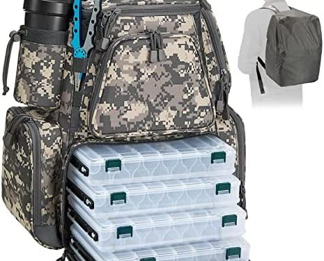 Piscifun Fishing Tackle Backpack with 4 Tackle Boxes, Waterproof Rain Cover, Bottle Holder, Large Storage Waterproof Fishing Tackle Bag for Fishing Gear, Camping, Hiking